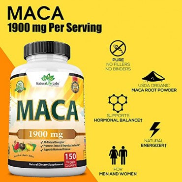 Organic Maca Root Black, Red, Yellow 1900 MG per Serving - 150 Vegan Capsules Peruvian Maca Root Gelatinized 100% Pure Non-GMO Supports Reproductive Health Natural Energizer