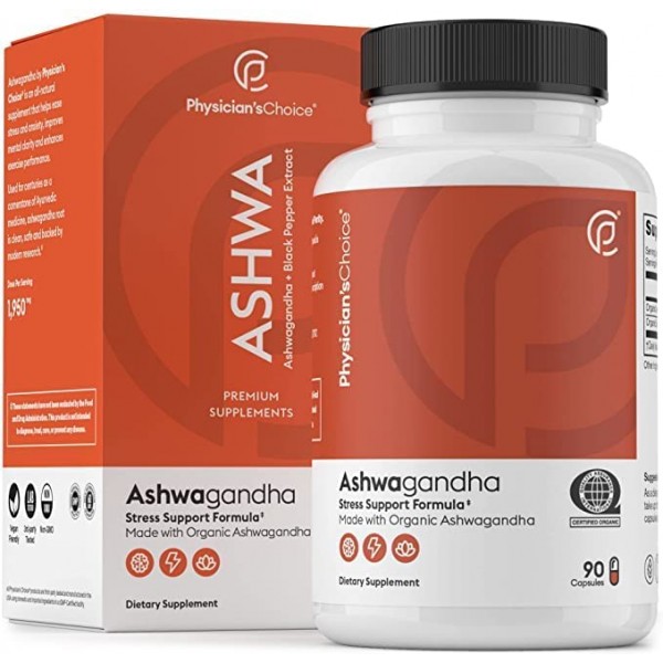 Ashwagandha 1950mg Organic Ashwagandha Root Powder with Black Pepper Extract, Stress Relief, Mood Support, Ayurveda, 90 Veggie Ashwagandha Capsules