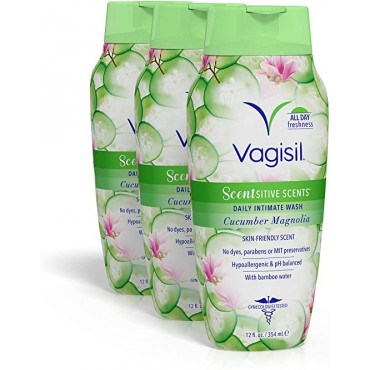 Vagisil Scentsitive Scents Daily Intimate Feminine Wash for Women - Cucumber Magnolia, Gynecologist Tested, Fresh and gentle on skin, 12 Ounce, Pack of 3