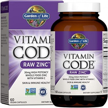 Garden of Life Vitamin Code Raw Vegan Zinc Capsules, 30mg High Potency Whole Food Supplement Plus Vitamin C, Trace Minerals & Probiotics for Skin Health & Immune Support, 60 Count