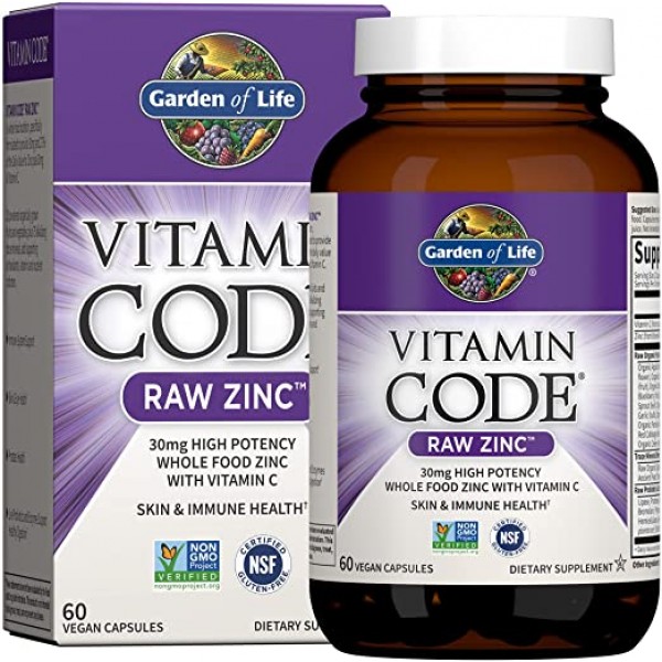 Garden of Life Vitamin Code Raw Vegan Zinc Capsules, 30mg High Potency Whole Food Supplement Plus Vitamin C, Trace Minerals & Probiotics for Skin Health & Immune Support, 60 Count