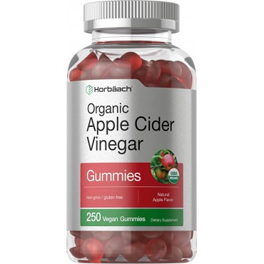 Organic Apple Cider Vinegar Gummies | 250 Gummies | Vegan, Non-GMO & Gluten-Free Supplement | USDA Certified Organic ACV | Apple Flavor | by Horbaach