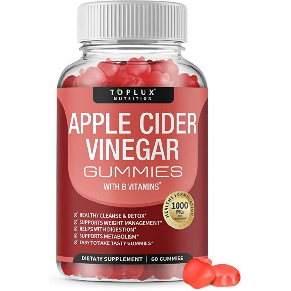 Apple Cider Vinegar Gummies - 1000mg Organic ACV with The Mother for Immune System, Detox & Cleanse, Gummy Alternative to Apple Cider Vinegar Capsules, for Men Women, 60 Gummies, toplux Supplement