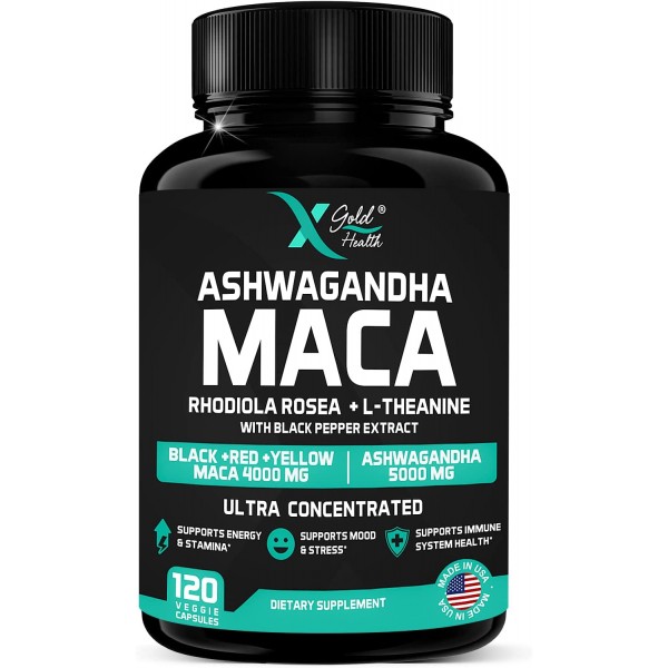 X Gold Health Ashwagandha 5,000mg + Maca Root Black, Red, Yellow 4,000mg, Rhodiola & L-Theanine: 30:1 Extract Ashwagandha Capsules, 20:1 Extract Maca Root Capsules - Supplement for Men and Women