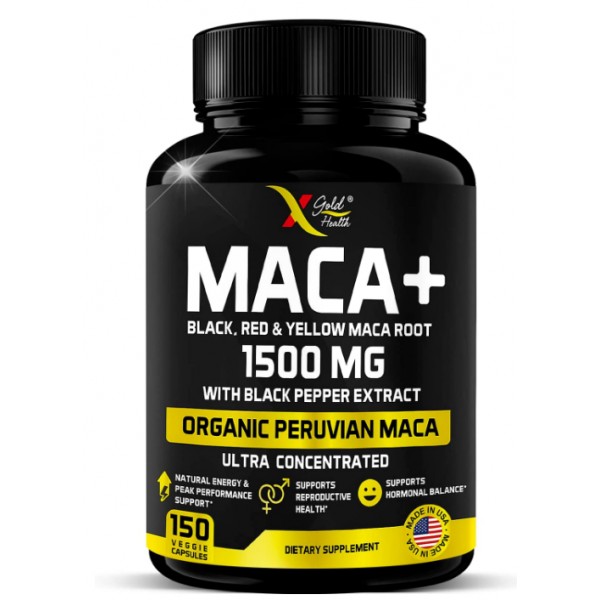 Organic Maca Root Powder Capsules 1500mg: 150 Vegan Pills with Black + Red + Yellow Peruvian Maca Root Extract Gelatinized, Energy & Mood Supplement for Men & Women + Black Pepper for Best Benefits